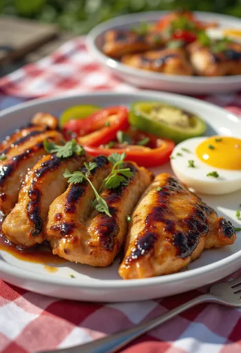 BBQ csirkemell grillezett zöldségekkel tálalva