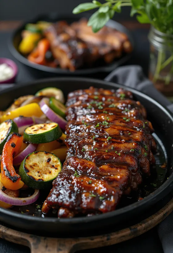 BBQ oldalas grillezett zöldségekkel tálalva