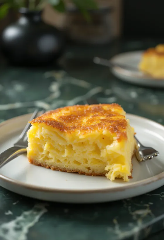 Bolo de fubá krémes, kókusztejjel és sajttal, egy szelet torta, aranybarna és krémes állagú