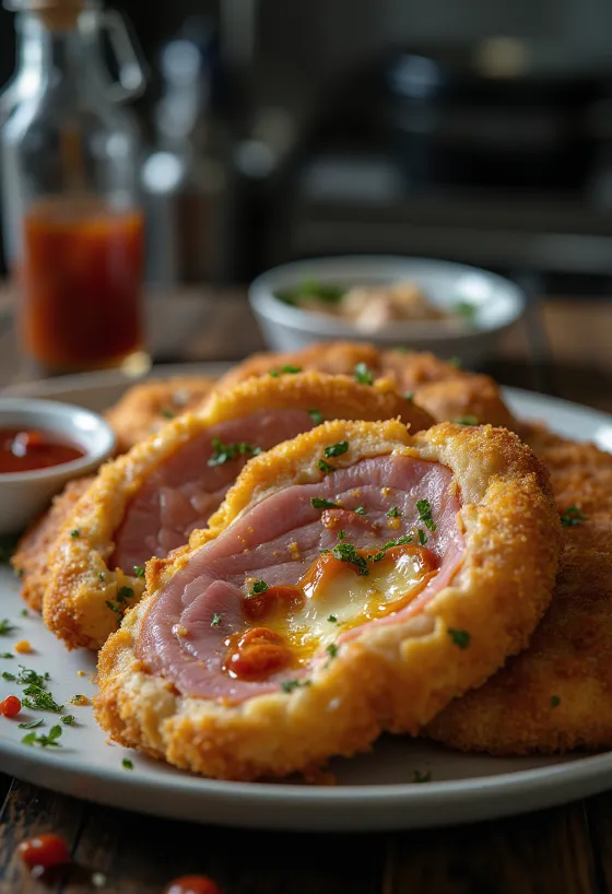 Cachopo szeletek ropogós panírban, fűszeres szósszal meglocsolva, sült burgonyával tálalva