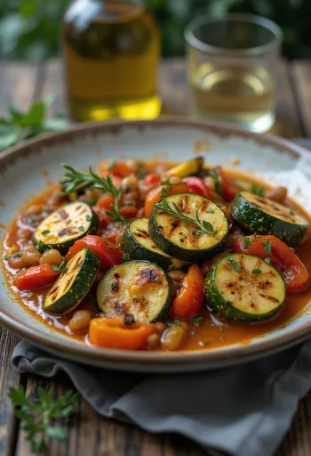 Caponata grillezett zöldségekkel, olívabogyóval és paradicsomos szósszal tálalva