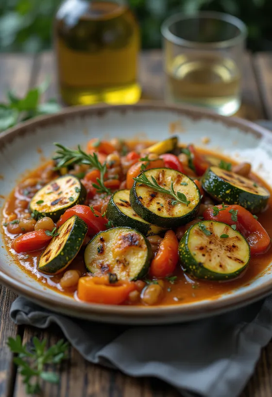 Caponata grillezett zöldségekkel, olívabogyóval és paradicsomos szósszal tálalva