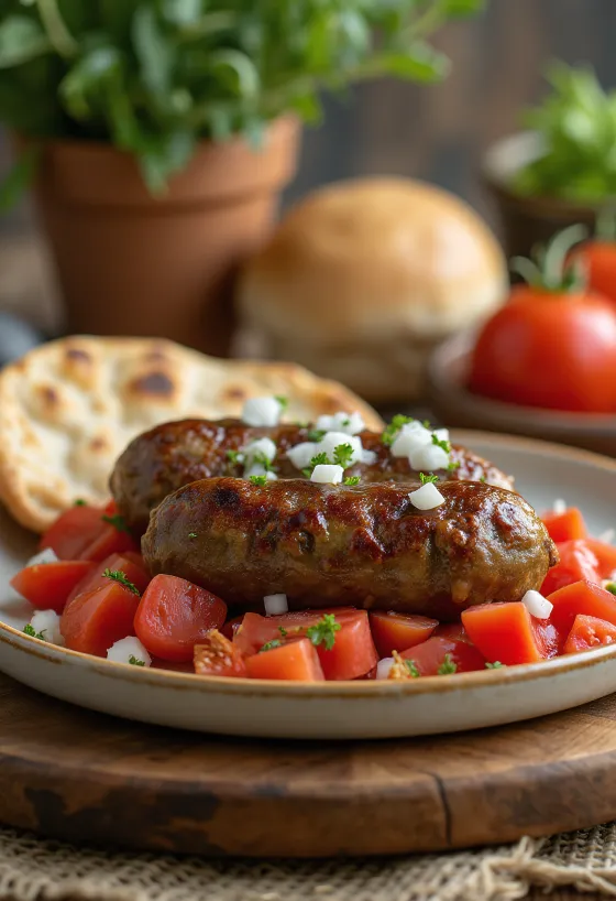 Cevapi paradicsommal, frissen sült és szép aranybarna, pita kenyéren tálalva