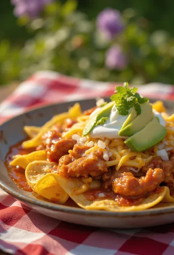 Chilaquiles con carne enchilada, tortilla csíkok, enchilada szósz, csirkehús, avokádó, sajt és koriander díszítéssel