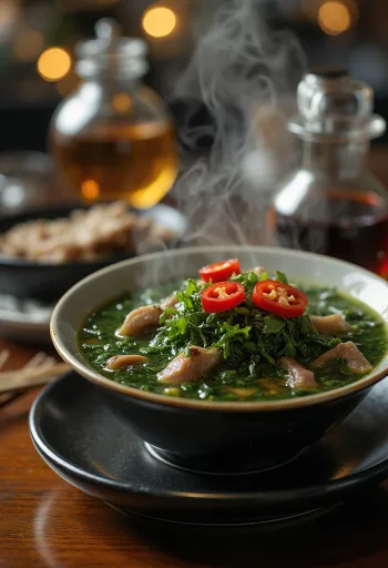 Chilis miyeokguk, friss korianderrel tálalva