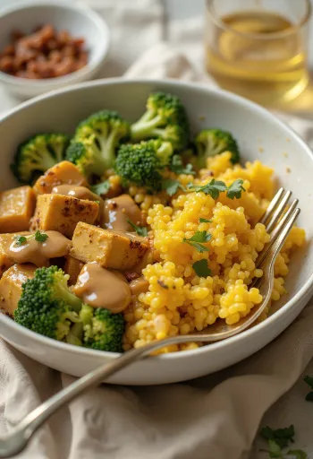 Currys quinoa Buddha-tál tahini tofuval tálalva