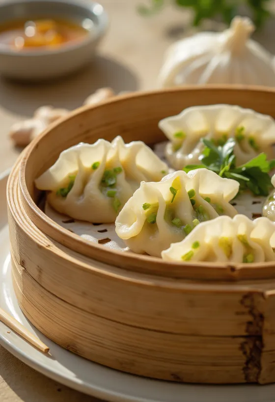 Zöldséges gyoza gombócok serpenyőben pirítva, szójaszószos tálalással
