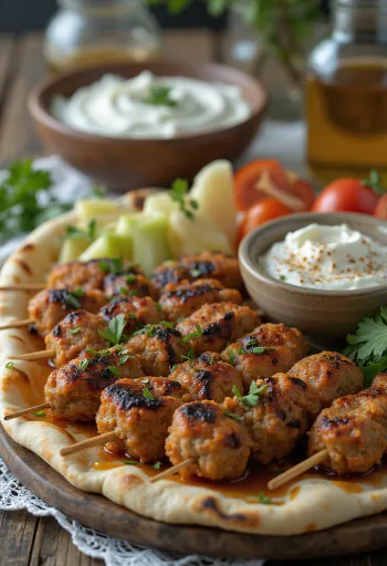 Kafta tálalva friss pitával és salátával