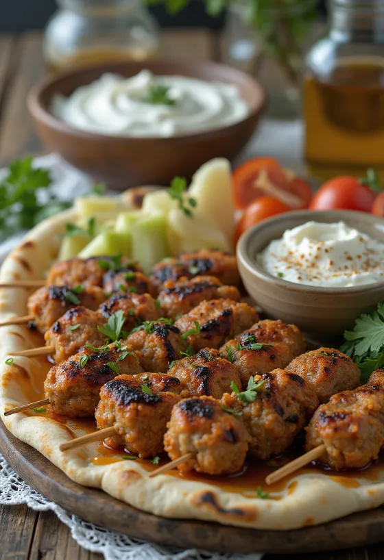 Kafta tálalva friss pitával és salátával