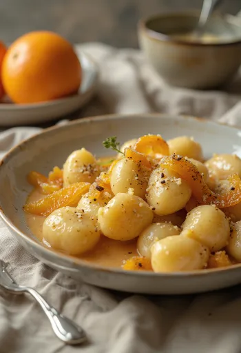 Kandírozott narancsos és fahéjas gnocchi tálalva