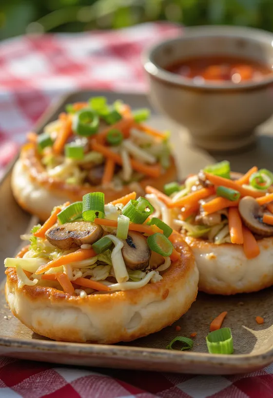 Kínai sült zöldséges baozi ropogós aljú tésztával, zöldséges töltelékkel tálalva