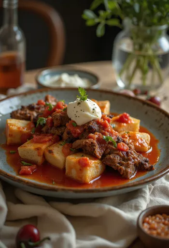 Klasszikus Iskender kebab joghurtos fokhagymás öntettel és pirított pitával tálalva