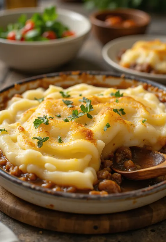 Klasszikus Shepherd’s pie tálalva, burgonyapürével a tetején