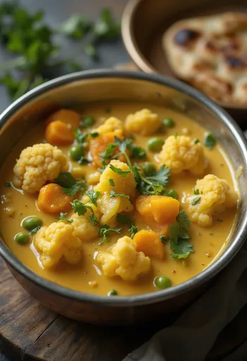 Korma zöldségekkel, gazdag kókusztejjel és friss korianderrel tálalva