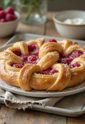 Kringle málnás töltelékkel tálalva, cukorral megszórva