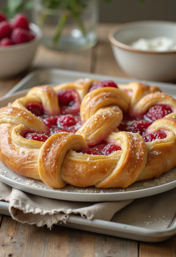 Kringle málnás töltelékkel tálalva, cukorral megszórva