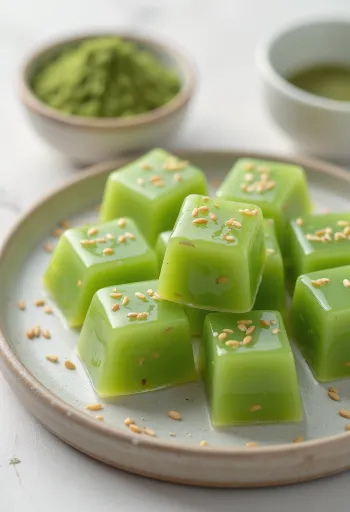Kuzumochi matchával, zöld és selymes textúrájú japán desszert szezámmaggal