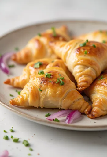 Lilahagymás és pirított szalonnás samosa tálalva