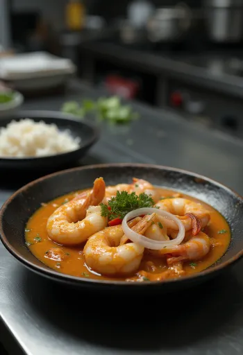 Moqueca rákokkal, hagymakarikákkal és zöldségekkel, tálalva fekete serpenyőben