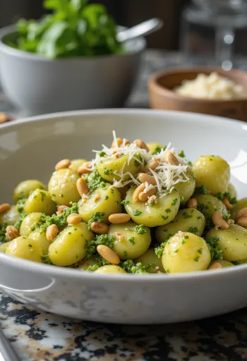 Pestós gnocchi tálalva