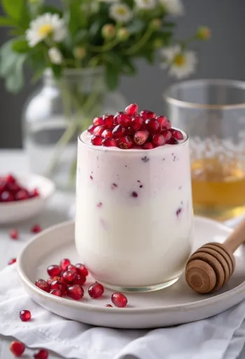 Probiotikus gránátalmás kefir tálalva friss mentalevelekkel