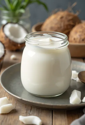 Probiotikus kókuszjoghurt krémes fehér tálban, selymes állaggal tálalva