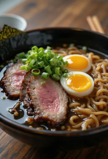 Ramen sült marhahússal, tojással és friss zöldségekkel tálalva