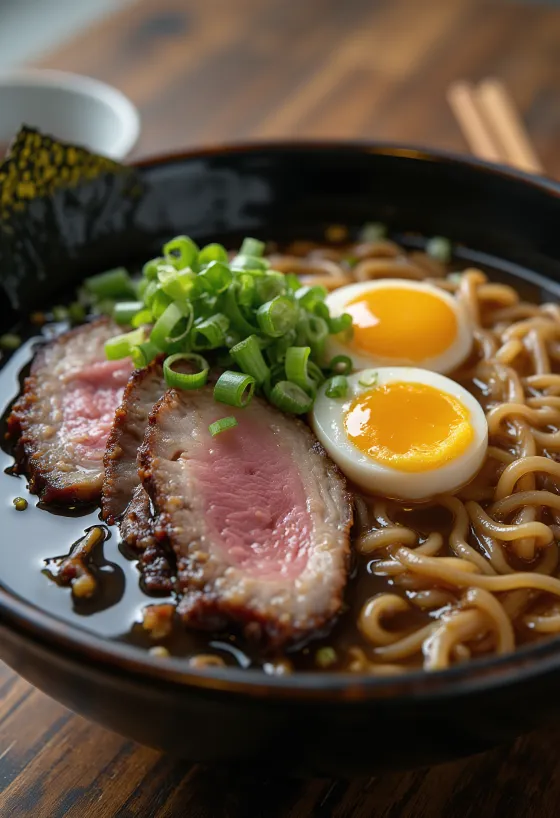 Ramen sült marhahússal, tojással és friss zöldségekkel tálalva