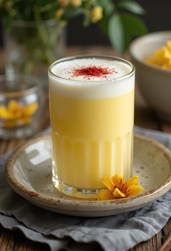Sáfrányos lassi pohárban, jégkockákkal díszítve