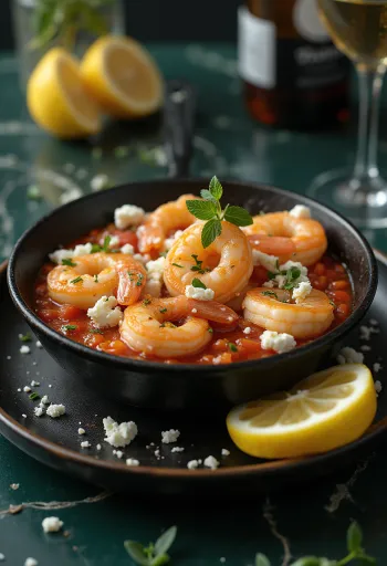 Saganaki garnélával, fehérboros-paradicsomos szósszal, feta sajttal tálalva