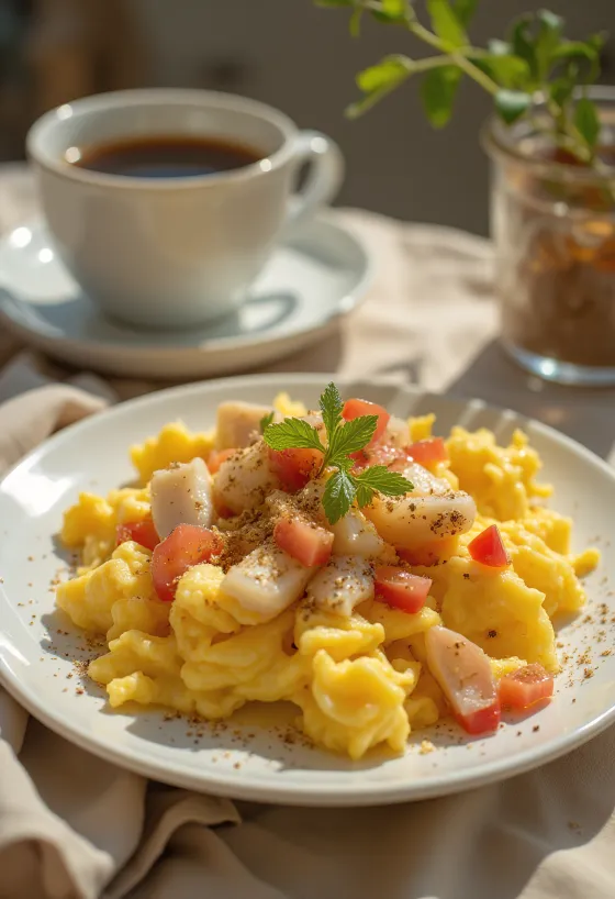 Saltfish rántottával, szaftos tojásos hal zöldségekkel tálalva