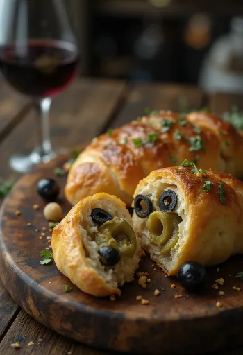 Stromboli olajbogyóval tálalva, gazdag olajbogyóval és olvadt mozzarellával a tetején, kívül ropogós és belül puha.