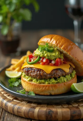 Frissen készült tex-mex hamburger guacamoléval és salsa szósszal