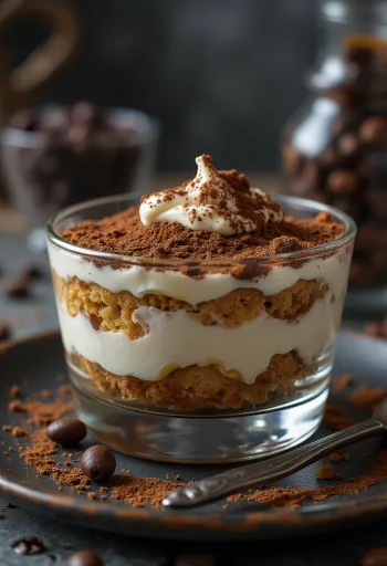 Klasszikus tiramisu, rétegezett babapiskótával és kakaóporral megszórva