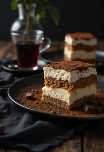 Tiramisu mousse torta elegánsan tálalva