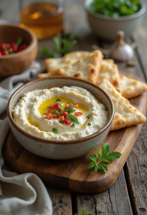 Gluténmentes tirokafteri feta sajttal és joghurttal, pita darabokkal tálalva