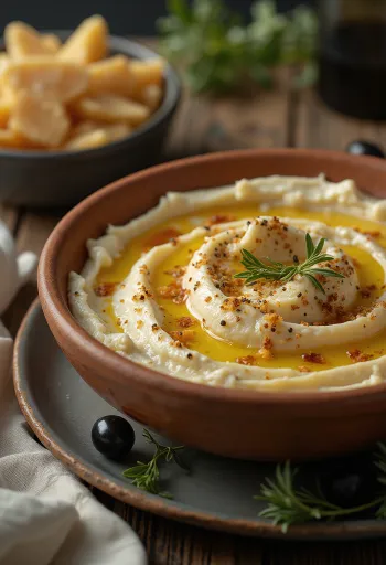 Tirokafteri feta sajttal, vörösbor ecettel, olivabogyóval tálalva