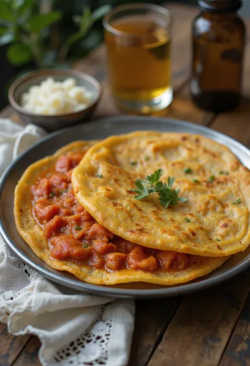 Tomato dosa frissen, ropogósra sütve, paradicsomos töltelékkel tálalva