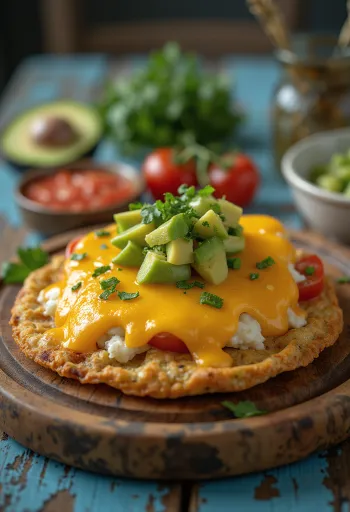 Tostada sajttal, tálalva friss zöldségekkel és korianderrel