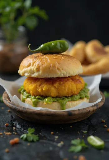 Vada Pav hússal töltve tálalva