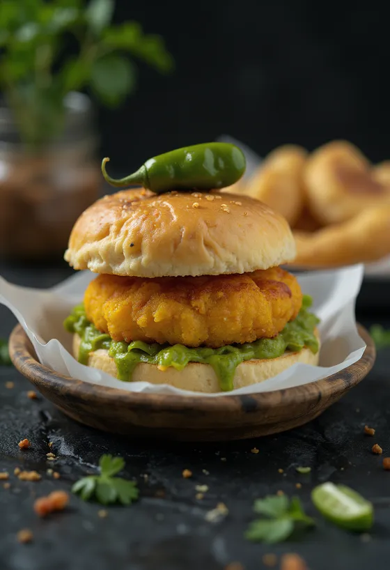 Vada Pav hússal töltve tálalva