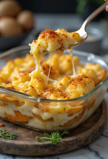 Vegán rakott krumpli tálalva friss petrezselyemmel