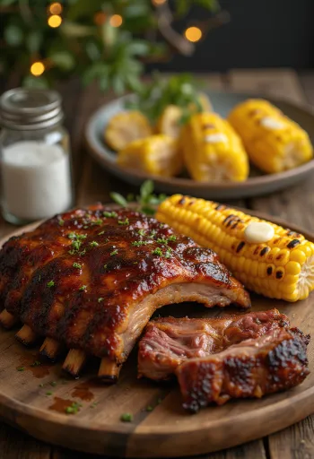 BBQ oldalas vajjal megkent pirított kukoricával tálalva