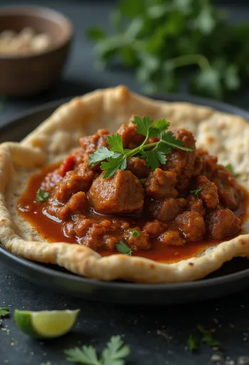 Berbere fűszeres etióp bárányragu tálalva injera kenyérrel