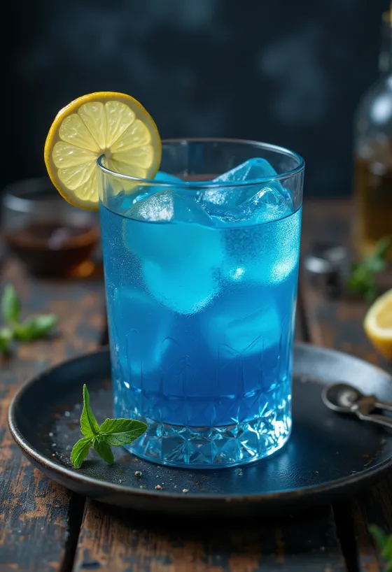 Blue Lagoon koktél citromszelettel és koktélcseresznyével díszítve