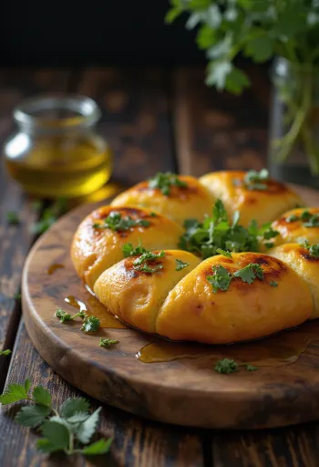 Bolo do Caco vegán változat, friss korianderrel tálalva, egy kerek, házi készítésű portugál kenyér