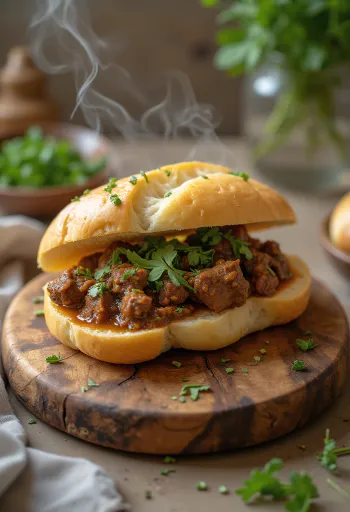 Bunny chow marhahússal, kenyérben tálalva, fűszeres és gazdag szószokkal.