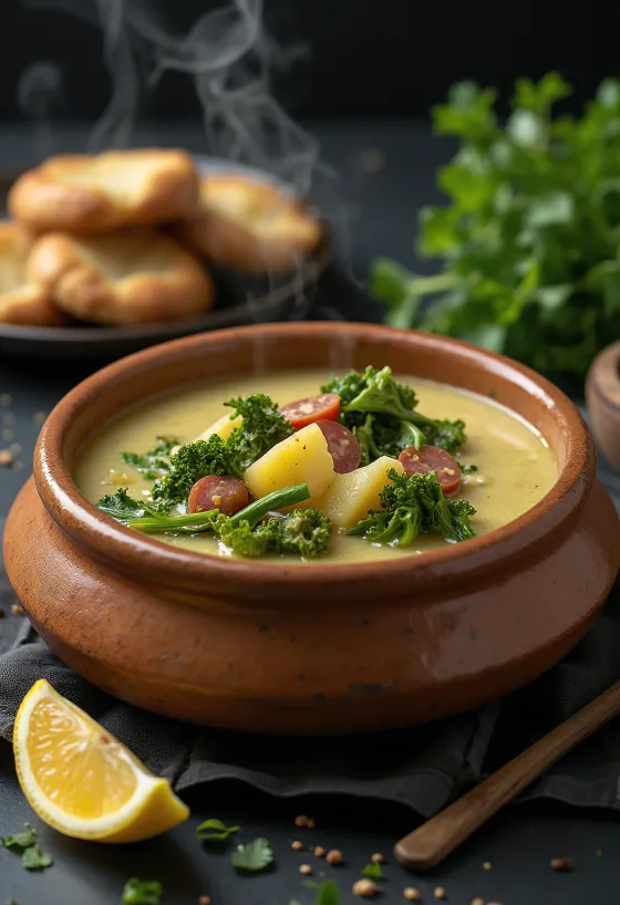 Caldo Verde citromlével, friss kale-lel és kolbásszal tálalva