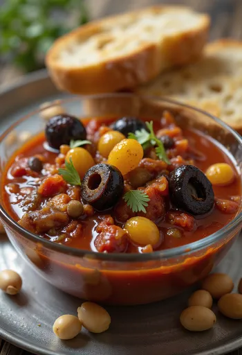 Caponata fenyőmaggal és mazsolával, tálalva friss korianderrel