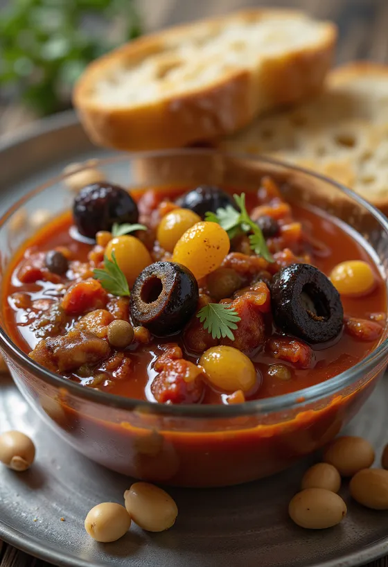 Caponata fenyőmaggal és mazsolával, tálalva friss korianderrel
